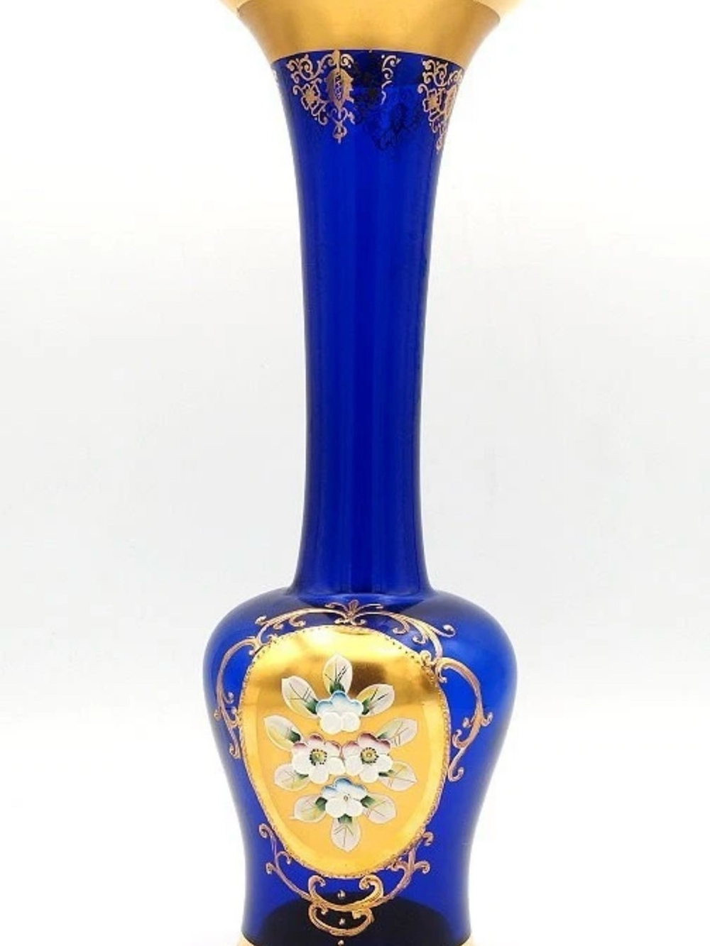 Vtg Czech Bohemian Cobalt Blue And Gold Enamel Vase Hand Painted Raised Flowers